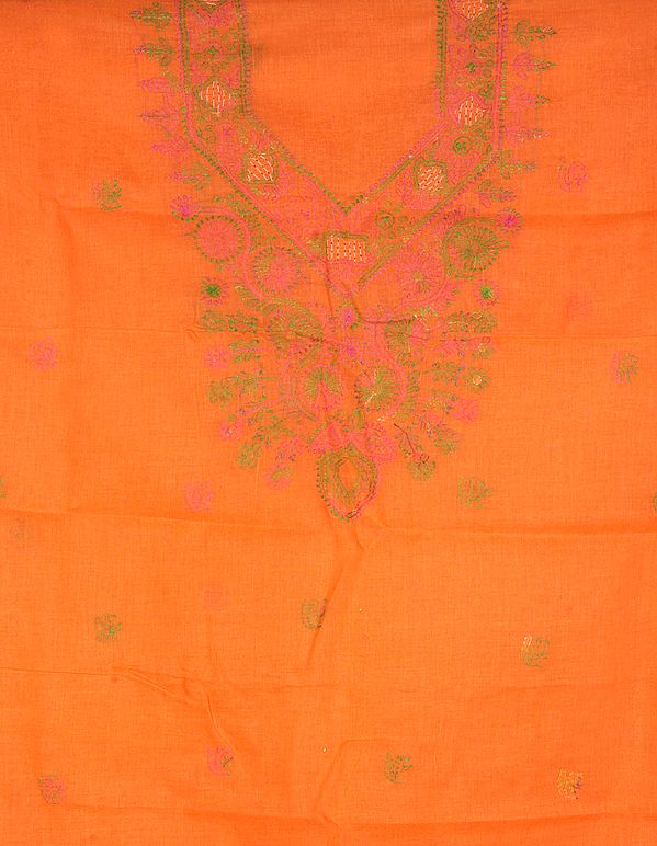 Orange Salwar Kameez Fabric with Lukhnavi Chikan Embroidery