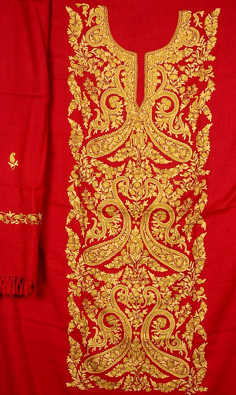 Red Salwar Kameez Fabric from Kashmir with All-Over Aari Hand Embroidered Paisleys