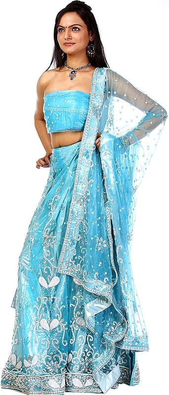 Sky-Blue Bridal Lehenga Choli with Hand-Embroidered Beads and Sequins