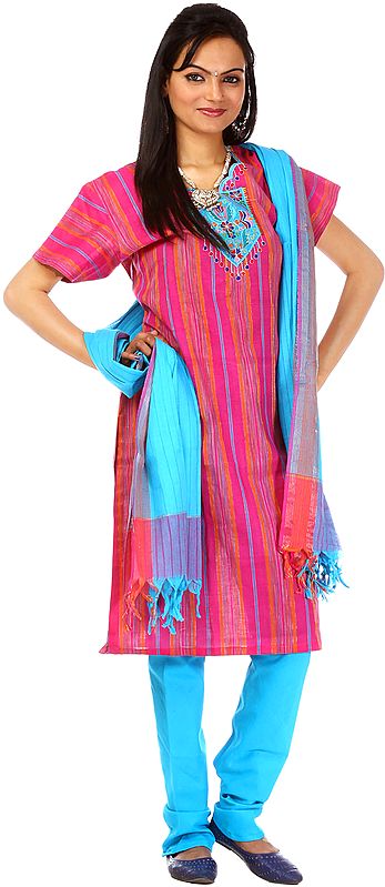 Hot-Pink and Turquoise South-Cotton Suit with Embroidery on Neck