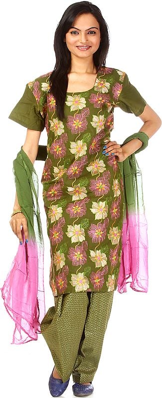 Henna-Green Salwar Kameez with All-Over Floral Aari Embroidery