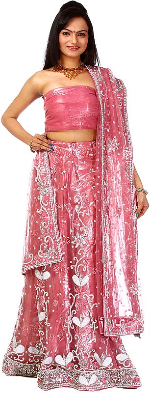 Pink Bridal Lehenga Choli with Hand-Embroidered Beads and Sequins