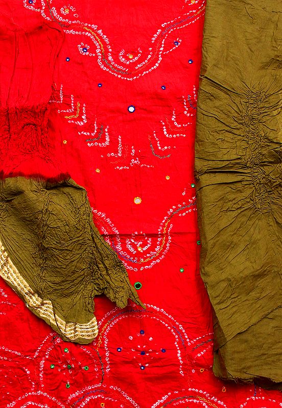 Red and Olive Bandhani Tie-Dye Suit from Gujarat