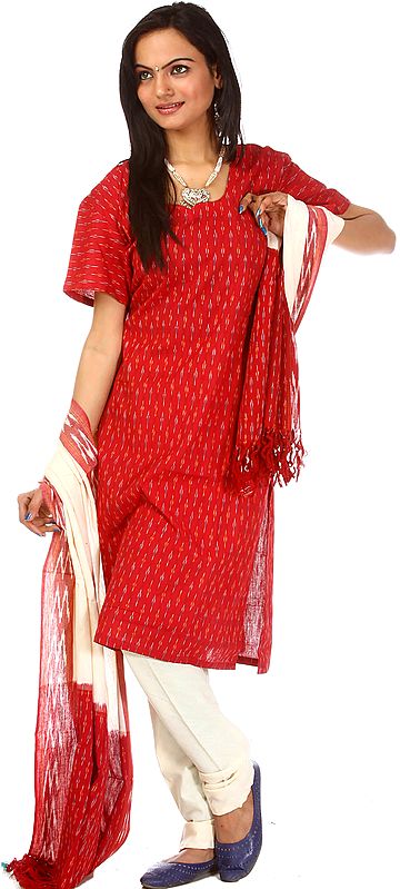 Red and Ivory Salwar Kameez Fabric from Pochampally with Ikat Weave