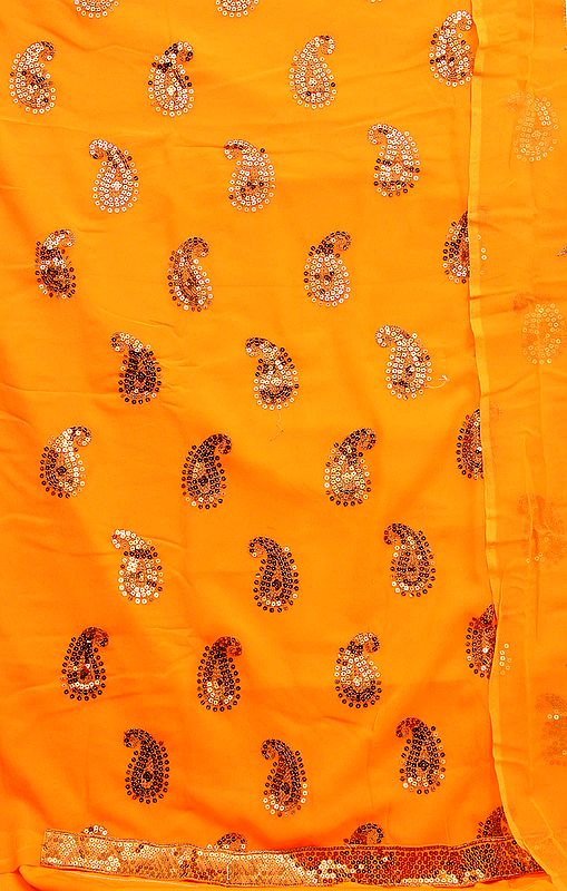 Burnt-Orange Salwar Kameez Fabric with Crewel Embroidered Paisleys