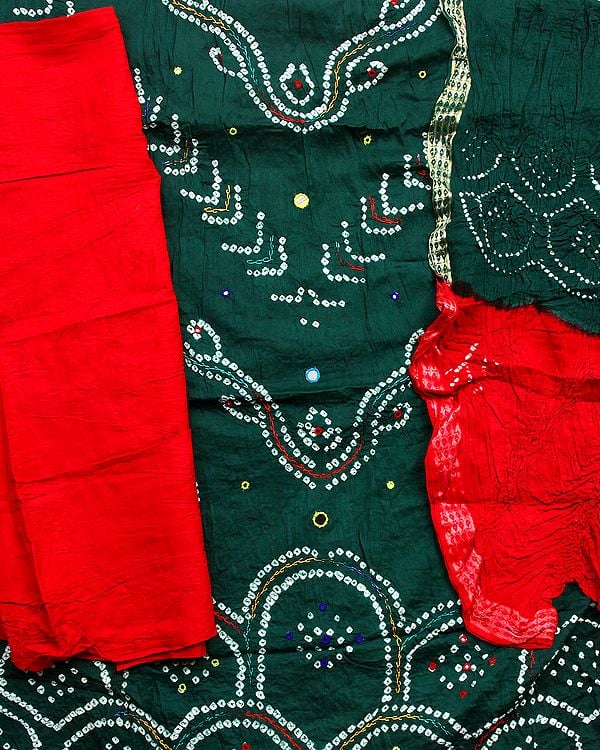 Green and Red Bandhani Tie-Dye Suit from Gujarat