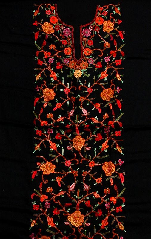 Black Two-Piece Salwar Kameez Suit from Kashmir with All-Over Floral Aari Embroidered Flowers by Hand