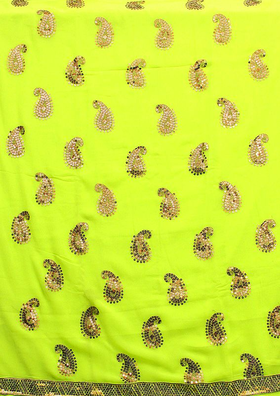 Lime-Green Salwar Kameez Fabric with Crewel Embroidered Paisleys
