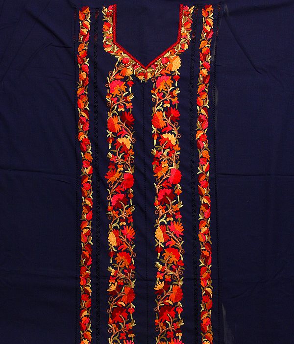 Midnight-Blue Salwar Kameez Fabric Kashmir with Floral Aari Embroidery
