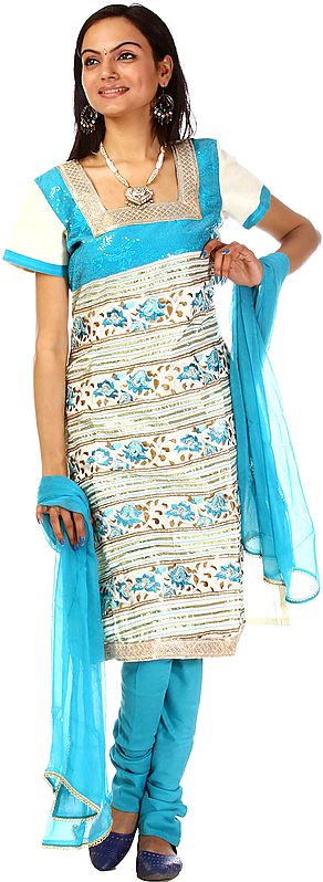 Turquoise and Ivory Gota Salwar Suit with All-Over Embroidery and Sequins