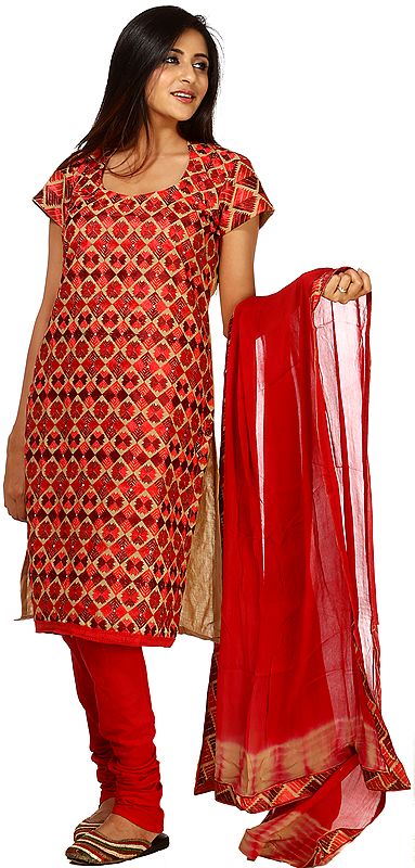 Khaki and Red Phulkari Suit from Punjab