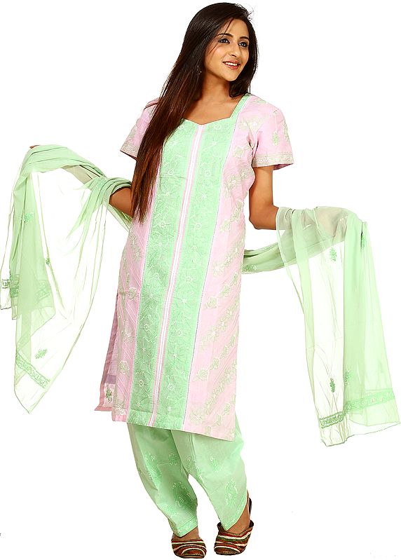 Green and Pink Salwar Kameez with Lukhnavi Chikan Embroidery