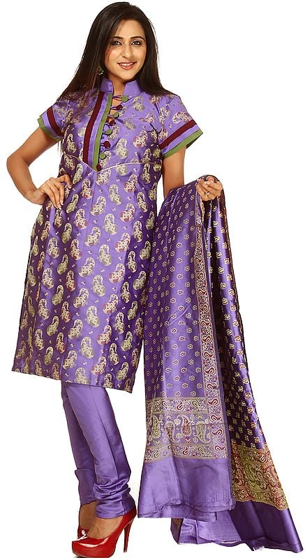 Lavender Banarasi Suit Fabric with All-Over Woven Paisleys