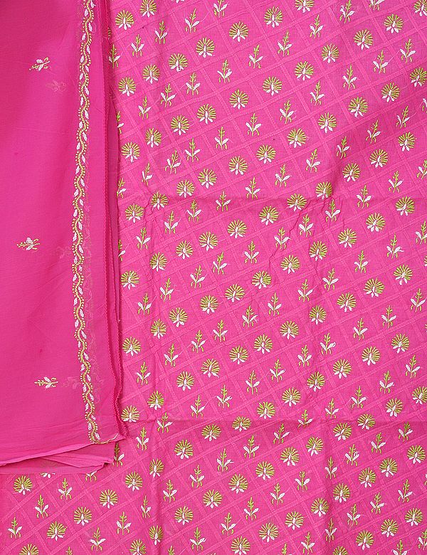Hot-Pink Salwar Kameez Fabric with Lukhnavi Chikan Embroidery