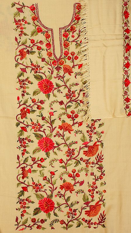 Khaki Two-Piece Salwar Kameez Suit from Kashmir with All-Over Aari Embroidered Flowers by Hand