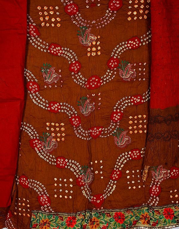 Brown Bandhani Tie-Dye Suit from Kutch with Floral Patch Border