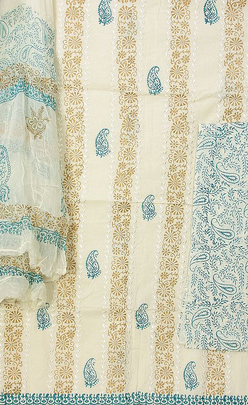 Ivory Block Printed Salwar Kameez Fabric with Crewel Embroidery