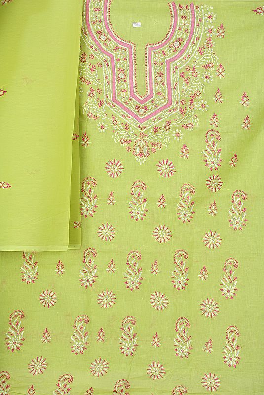 Lime Green Salwar Kameez Fabric with Lukhnavi Chikan Embroidery