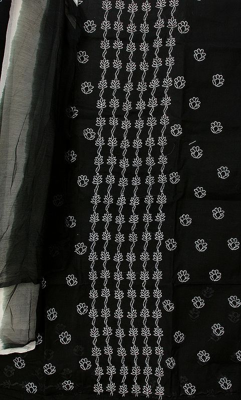 Black Salwar Kameez Fabric with Lukhnavi Chikan Embroidery