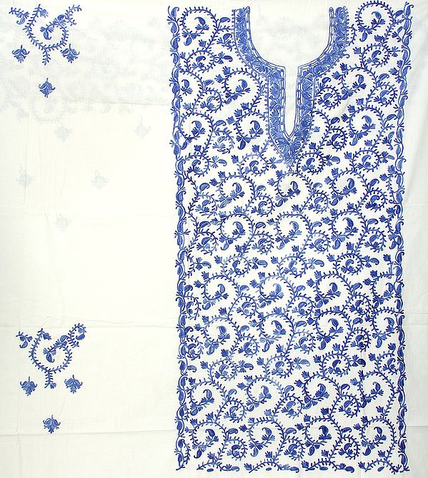 White Two-Piece Salwar Suit from Kashmir with Paisley Embroidery in Blue