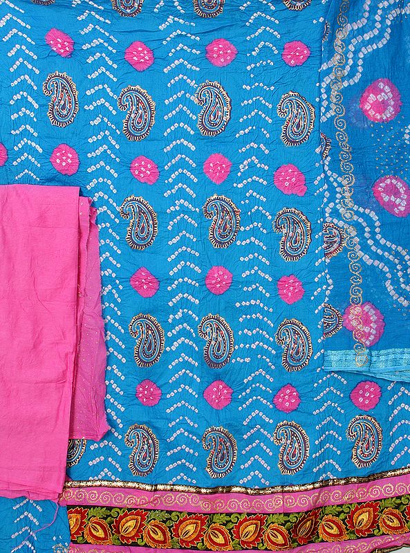 Blue and Pink Bandhani Tie-Dye Suit from Gujarat with Painted Paisleys