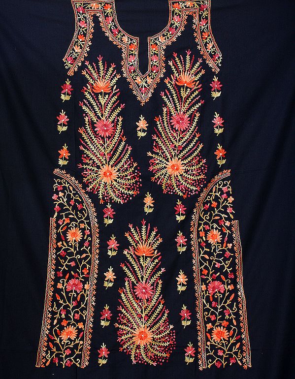 Black Two-Piece Salwar Suit from Kashmir with Aari Embroidered Flowers