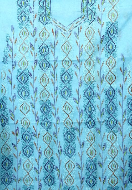 Cyan-Blue Salwar Kameez Painted Fabric with Lukhnavi Chikan Embroidery