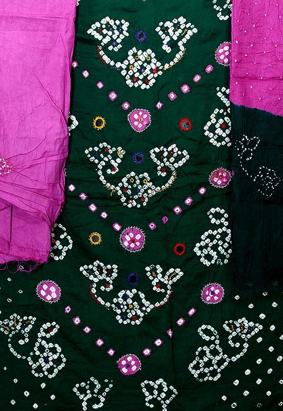 Dark-Green and Purple Bandhani Tie-Dyed Salwar Kameez Suit from Gujarat with Mirrors
