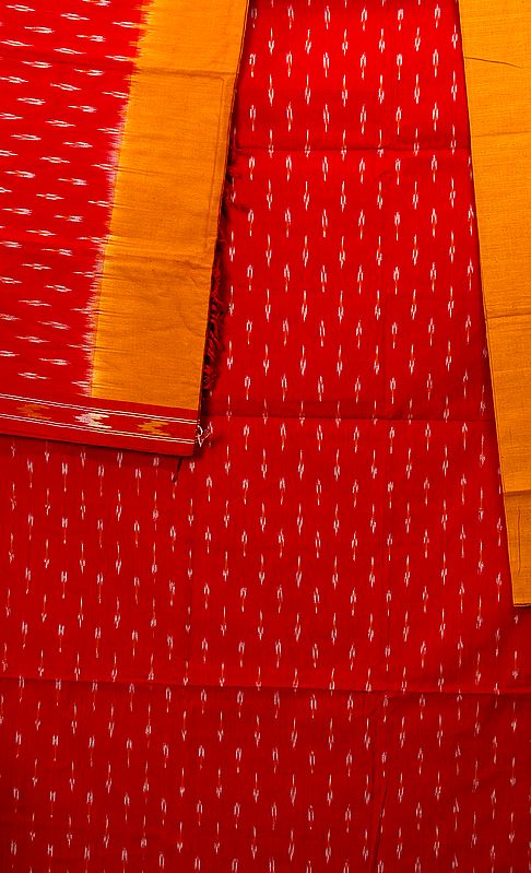 Red and Amber Salwar Kameez Fabric with Ikat Weave from Pochampally