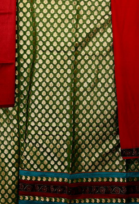 Myrtle-Green Banarasi Brocaded Salwar Kameez Fabric with All-Over woven Paisleys and Patch Border