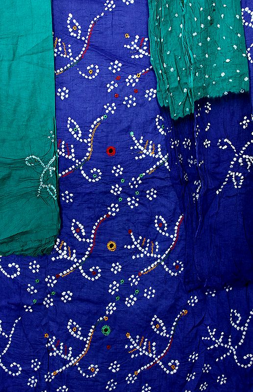 Orient Blue and Green Bandhani Tie-Dye Salwar Kameez Suit from Gujarat with Mirrors