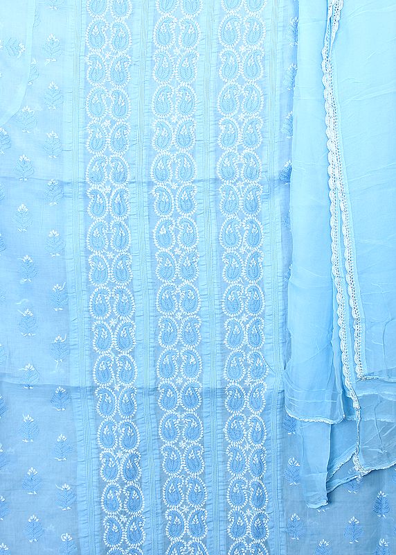 Blue-Bell Salwar Kameez Fabric with Lukhnavi Chikan Embroidered Paisleys