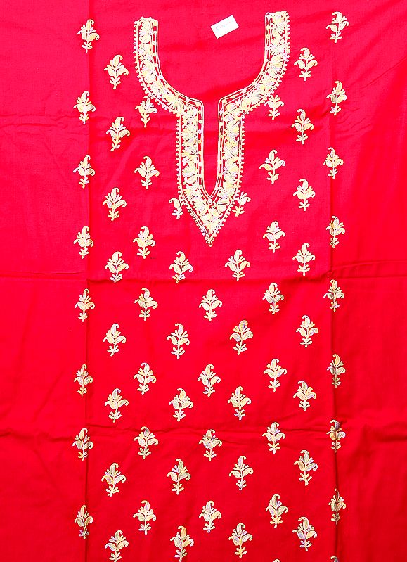 Bright-Rose Salwar Kameez Fabric from Kashmir with Embroidered Bootis