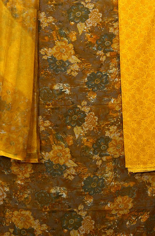 Mustard and Brown Salwar Kameez Suit with Printed Flowers