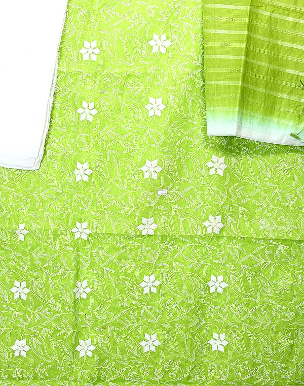 Bright-Lime Green Salwar Kameez Fabric from Lucknow with All-Over Embroidery and Patch Flowers