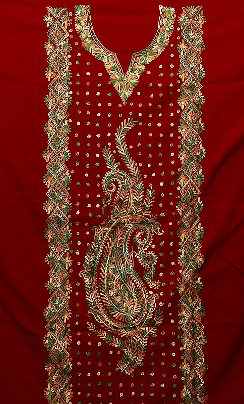 Garnet-Red Salwar Kameez Suit From Kahmir with Giant Embroidered Paisley