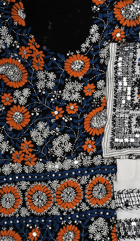 Black Phulkari Salwar Kameez Fabric with Sequins and Hand-Embroidered Flowers