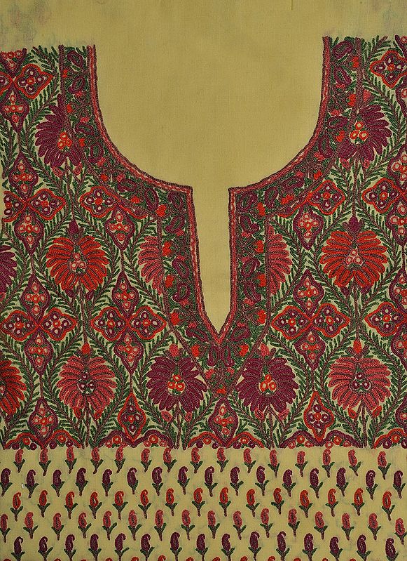 Powder-Yellow Two-Piece Salwar Kameez Fabric Kashmir with Aari Embroidery by Hand