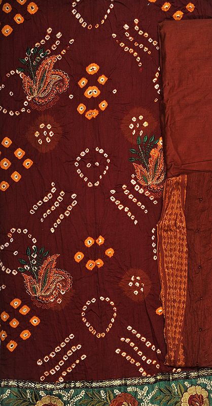 Brown Bandhani Tie-Dye Suit from Gujarat with Crewel Embroidery and Patch Border