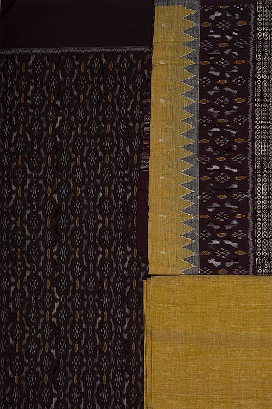 Coffee and Mustard Hand-woven Salwar Kameez Fabric from Sambhalpur with Ikat Weave