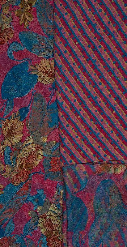 Pink and Blue Salwar Kameez Fabric with Printed Flowers
