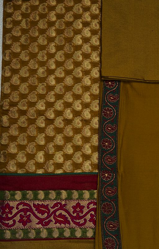 Mustard Banarasi Brocaded Salwar Kameez Fabric with Brocaded Circles and Patch Border