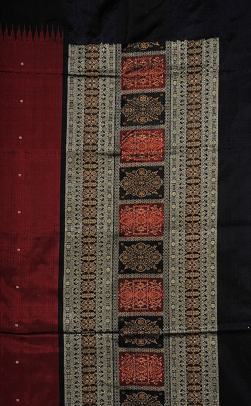 Burgundy and Black Hand-woven Bomkai Salwar Kameez Fabric from Orissa
