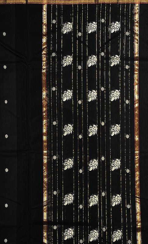 Black Chanderi Salwar Kameez Fabric with Bootis Woven in Golden Thread