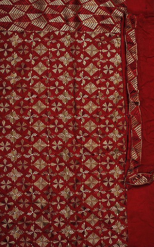 Red Phulkari Suit from Punjab with All-Over Aari Embroidery