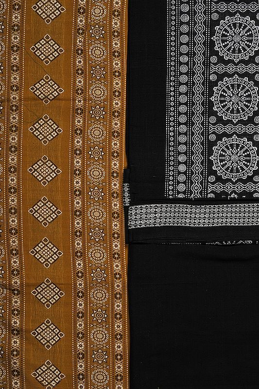 Mustard and Black Bomkai Salwar Kameez Fabric from Orissa with Woven Chakras