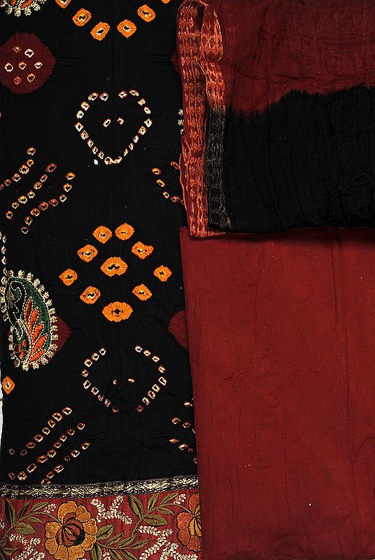 Black Bandhani Tie-Dye Suit from Gujarat with Embroidered Paisleys and Patch Border