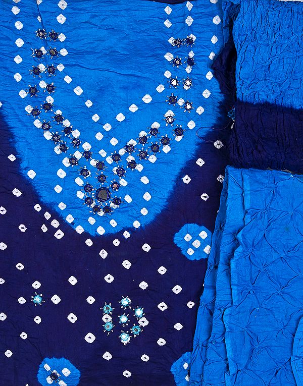 Navy-Blue Bandhani Salwar Kameez Fabric with Embroidered Mirrors and Beads
