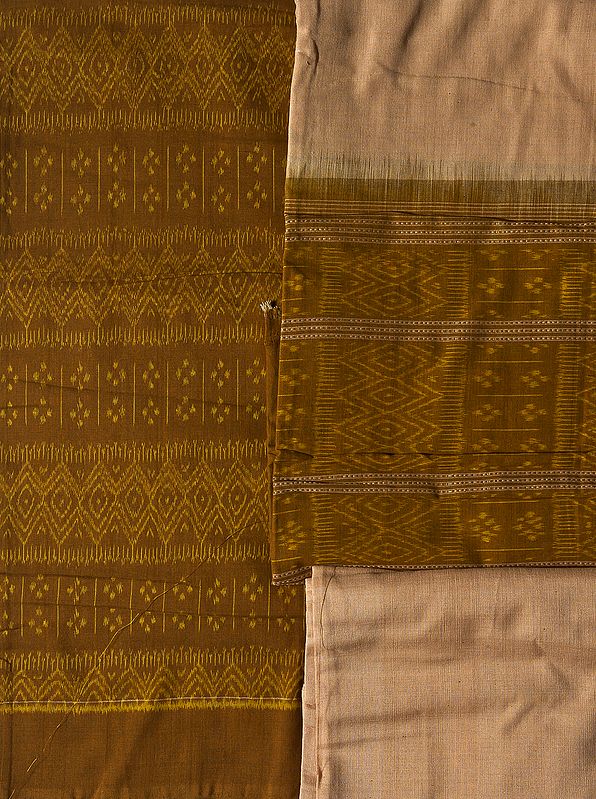 Old-Gold and Beige Salwar Kameez Fabric with Ikat Weave from Sambhalpur Village