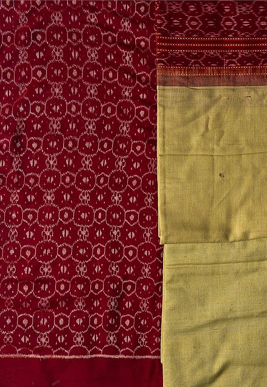 Burgundy and Beige Salwar Kameez Fabric with Ikat Weave from Sambhalpur